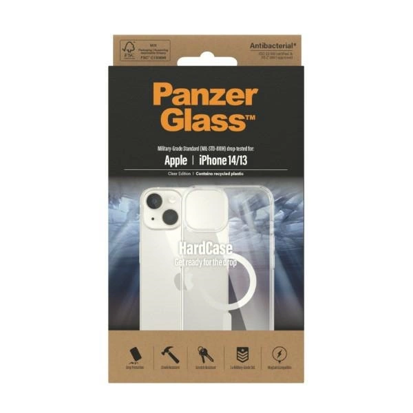 PanzerGlass HardCase with MagSafe Antibacterial Military Grade Certified Case for iPhone 14/15/13 - Transparenteng