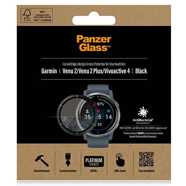 PanzerGlass SmartWatch screen protection for Garmin Venu 2 / Venu 2 Plus / Vivoactive 4 smartwatches - with black frameeng