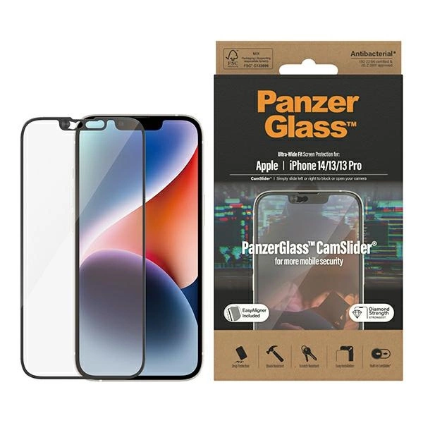 PanzerGlass Ultra-Wide Fit Antibacterial Tempered Glass with Camera Cover and Positioner for iPhone 14/13/13 Proeng