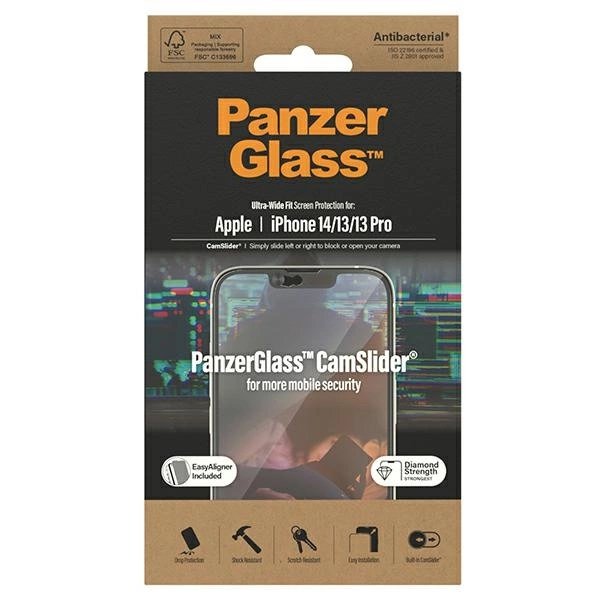PanzerGlass Ultra-Wide Fit Antibacterial Tempered Glass with Camera Cover and Positioner for iPhone 14/13/13 Proeng