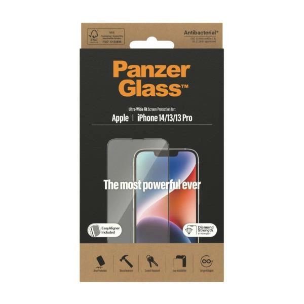 PanzerGlass Ultra-Wide Fit Tempered Glass Antibacterial Privacy with Positioner for iPhone 14/13 Pro/13eng