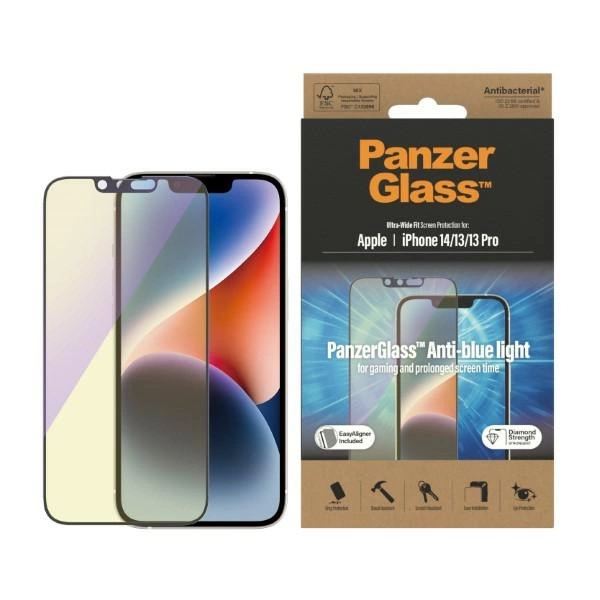 PanzerGlass Ultra-Wide Fit Antibacterial Tempered Glass with Blue Light Filter and Positioner for iPhone 14/13 Pro/13eng