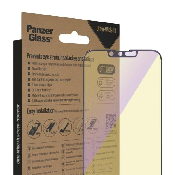 PanzerGlass Ultra-Wide Fit Antibacterial Tempered Glass with Blue Light Filter and Positioner for iPhone 14/13 Pro/13eng