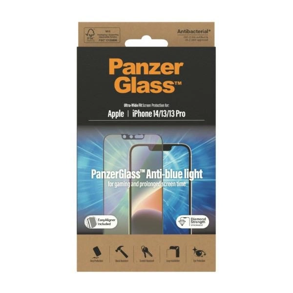 PanzerGlass Ultra-Wide Fit Antibacterial Tempered Glass with Blue Light Filter and Positioner for iPhone 14/13 Pro/13eng