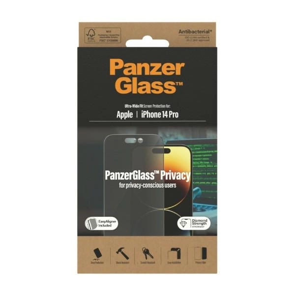 PanzerGlass Ultra-Wide Fit Tempered Glass Antibacterial Privacy with Positioner for iPhone 14 Proeng