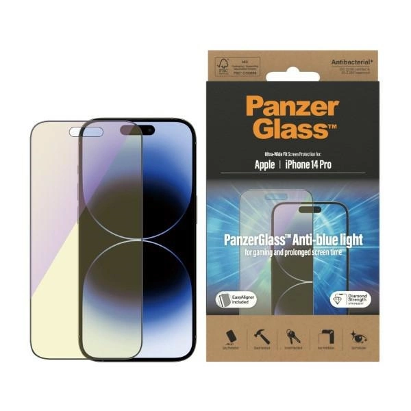PanzerGlass Ultra-Wide Fit Antibacterial Tempered Glass with Blue Light Filter and Positioner for iPhone 14 Proeng