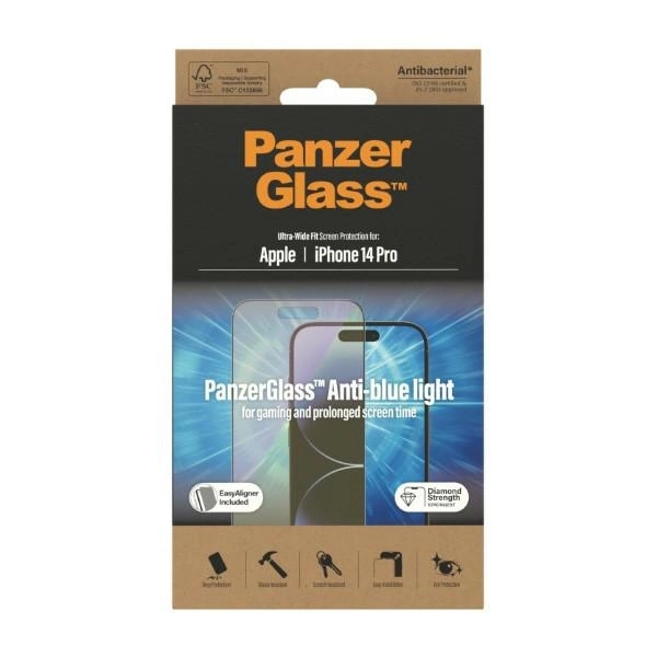 PanzerGlass Ultra-Wide Fit Antibacterial Tempered Glass with Blue Light Filter and Positioner for iPhone 14 Proeng