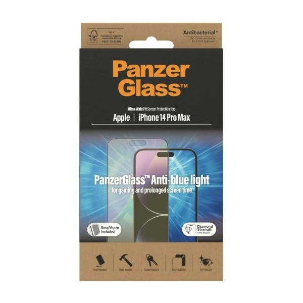 PanzerGlass Ultra-Wide Fit Antibacterial Tempered Glass with Blue Light Filter and Positioner for iPhone 14 Pro Maxeng
