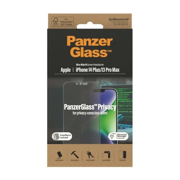 PanzerGlass Ultra-Wide Fit Tempered Glass Antibacterial Privacy with Positioner for iPhone 14 Plus / 13 Pro Maxeng