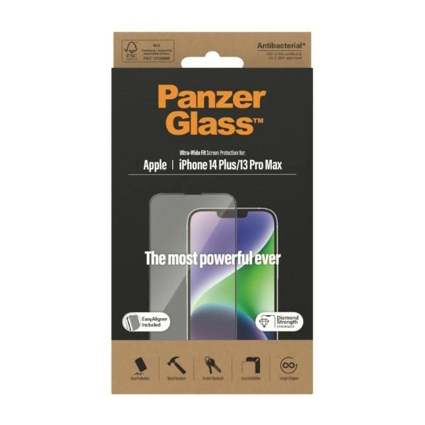 PanzerGlass Ultra-Wide Fit Antibacterial Tempered Glass with Positioner for iPhone 14 Plus / 13 Pro Maxeng