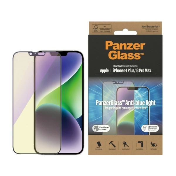 PanzerGlass Ultra-Wide Fit Antibacterial Tempered Glass with Blue Light Filter and Positioner for iPhone 14 Plus / 13 Pro Maxeng