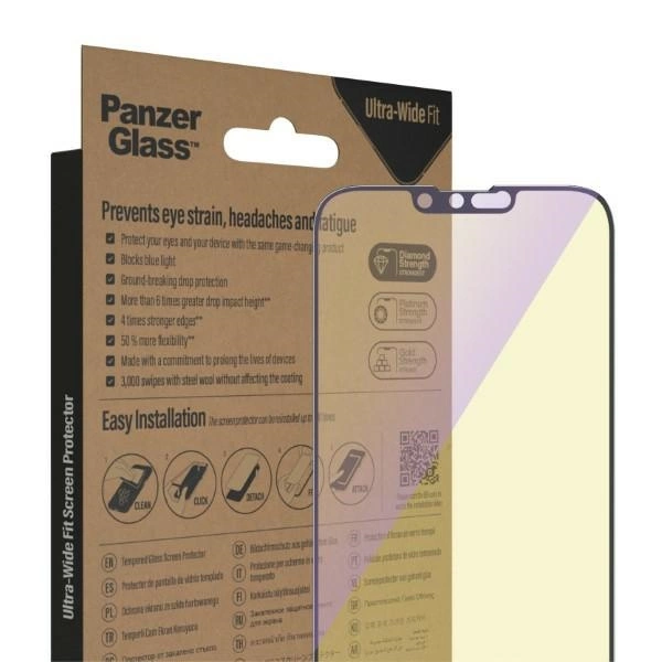 PanzerGlass Ultra-Wide Fit Antibacterial Tempered Glass with Blue Light Filter and Positioner for iPhone 14 Plus / 13 Pro Maxeng