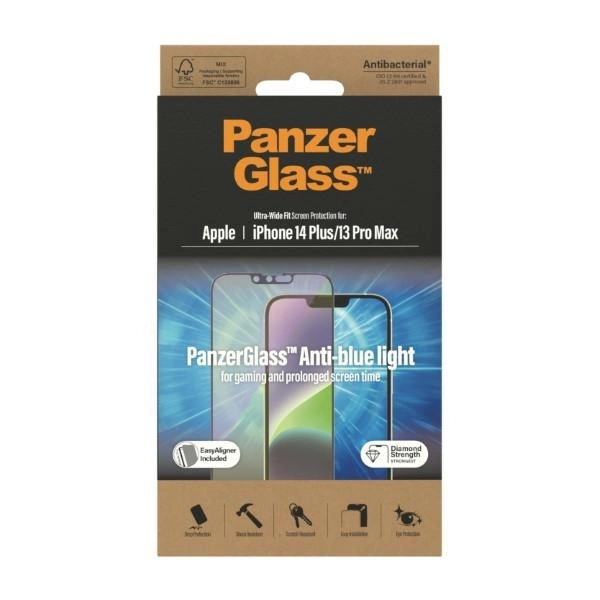 PanzerGlass Ultra-Wide Fit Antibacterial Tempered Glass with Blue Light Filter and Positioner for iPhone 14 Plus / 13 Pro Maxeng