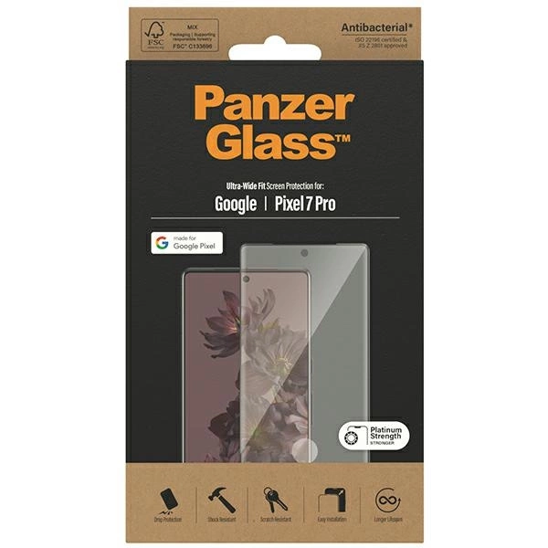 PanzerGlass Ultra-Wide Fit Antibacterial Tempered Glass for Google Pixel 7 Pro - with Black Frameeng