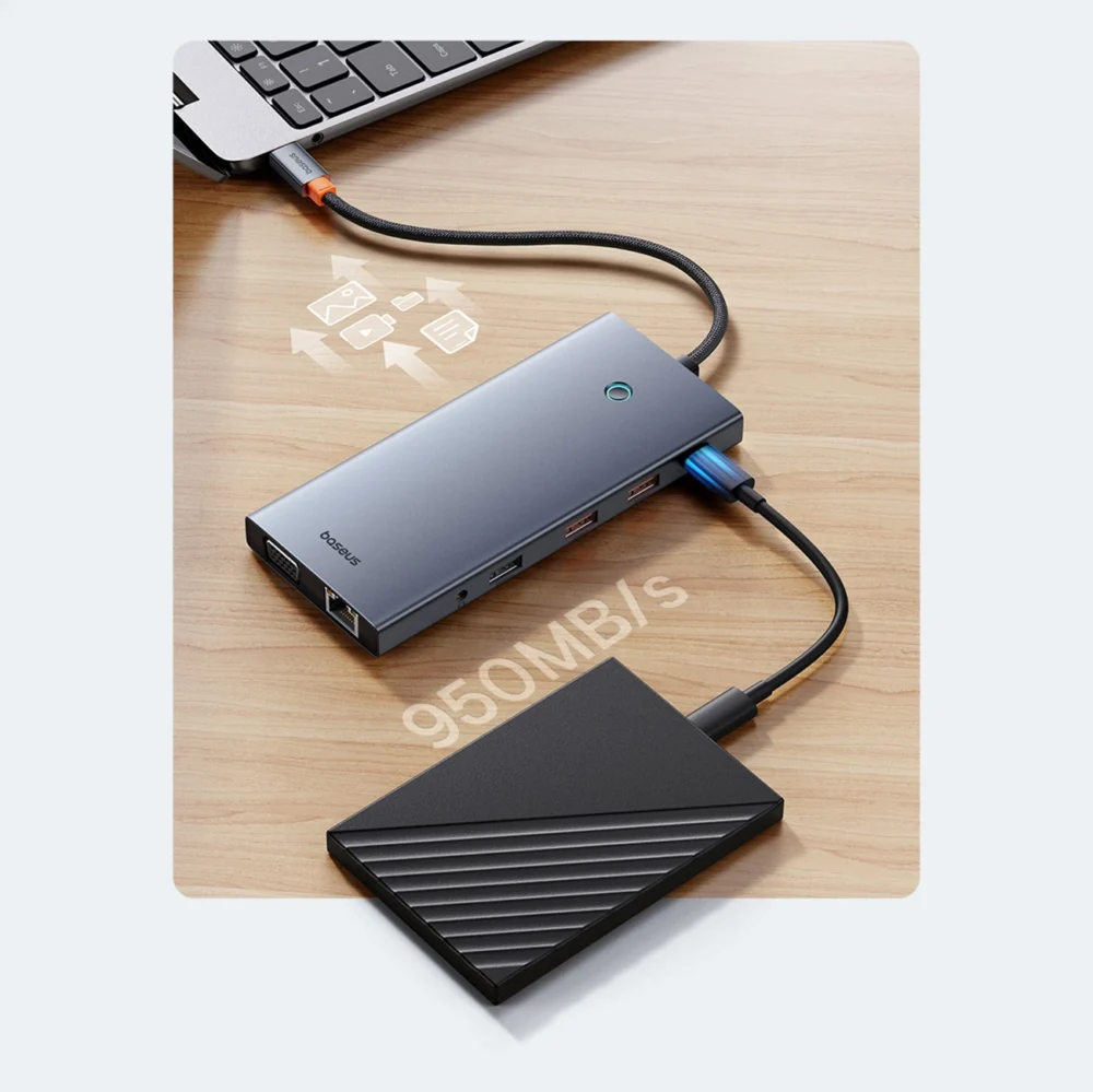 HUB Baseus PortalJoy Series 13in1 USB-C - 2x HDMI / DP / VGA / USB-A 3.1 / USB-C 3.1 / USB-A 2.0 / PD / RJ45 / SD / TF / AUX - grayeng