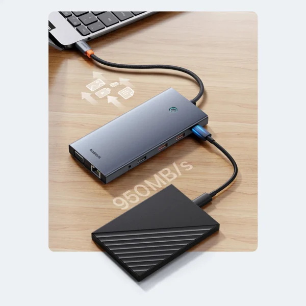 HUB Baseus PortalJoy Series 13in1 USB-C - 2x HDMI / DP / VGA / USB-A 3.1 / USB-C 3.1 / USB-A 2.0 / PD / RJ45 / SD / TF / AUX - grayeng