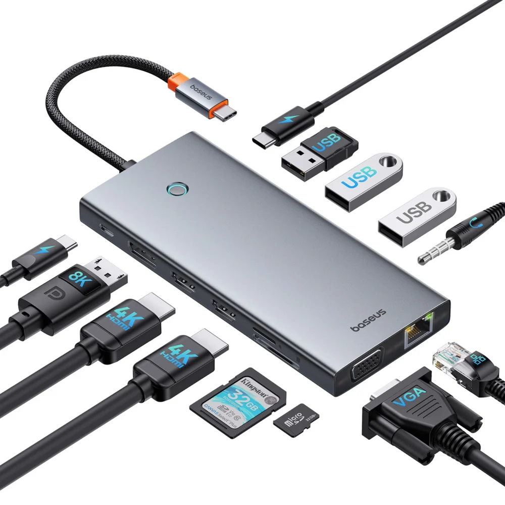 HUB Baseus PortalJoy Series 13in1 USB-C - 2x HDMI / DP / VGA / USB-A 3.1 / USB-C 3.1 / USB-A 2.0 / PD / RJ45 / SD / TF / AUX - grayeng