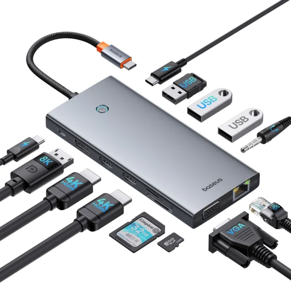 HUB Baseus PortalJoy Series 13in1 USB-C - 2x HDMI / DP / VGA / USB-A 3.1 / USB-C 3.1 / USB-A 2.0 / PD / RJ45 / SD / TF / AUX - grayeng