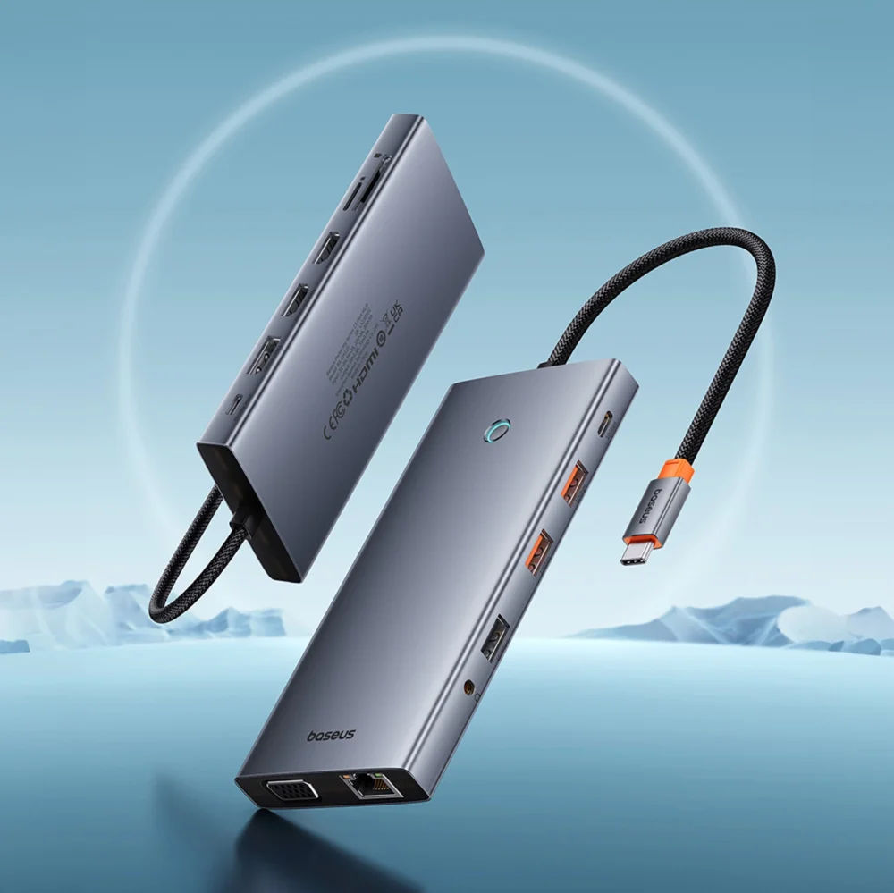 HUB Baseus PortalJoy Series 13in1 USB-C - 2x HDMI / DP / VGA / USB-A 3.1 / USB-C 3.1 / USB-A 2.0 / PD / RJ45 / SD / TF / AUX - grayeng