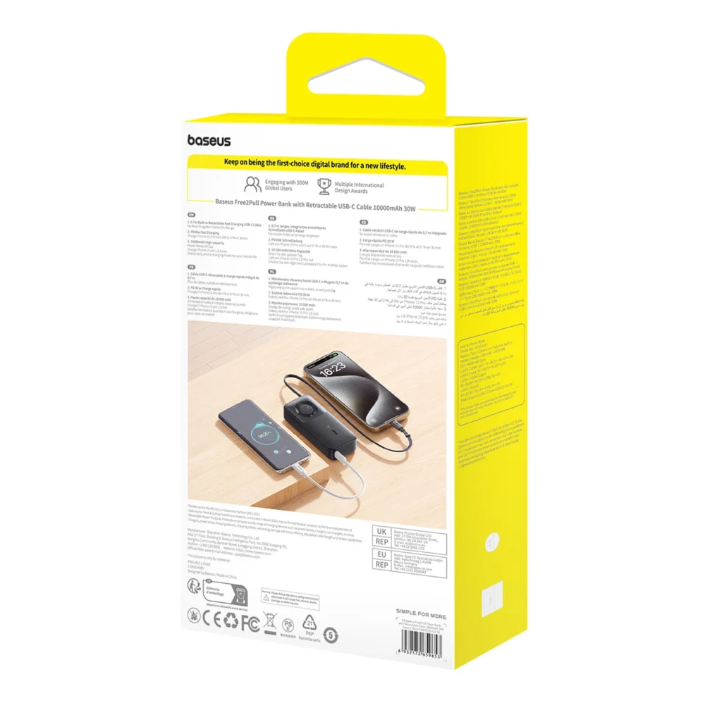 Baseus Free2Pull 10000mAh 30W powerbank with USB-C port and retractable USB-C cable - blackeng