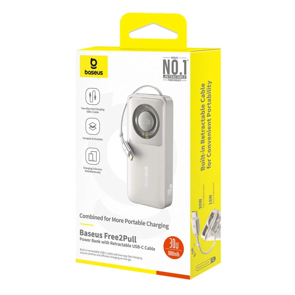 Baseus Free2Pull 10000mAh 30W powerbank with USB-C port and retractable USB-C cable - grayeng