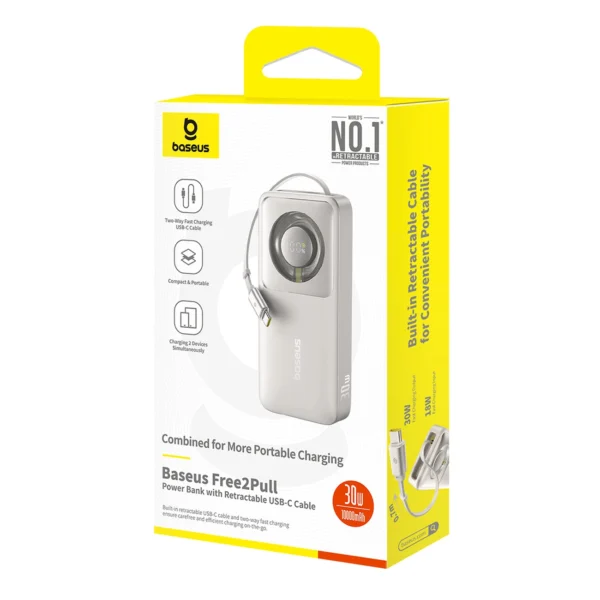 Baseus Free2Pull 10000mAh 30W powerbank with USB-C port and retractable USB-C cable - grayeng