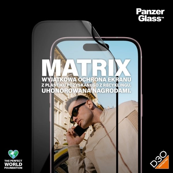 PanzerGlass Matrix Ultra-Wide-Fit hybrid glass for iPhone 15 with positionereng