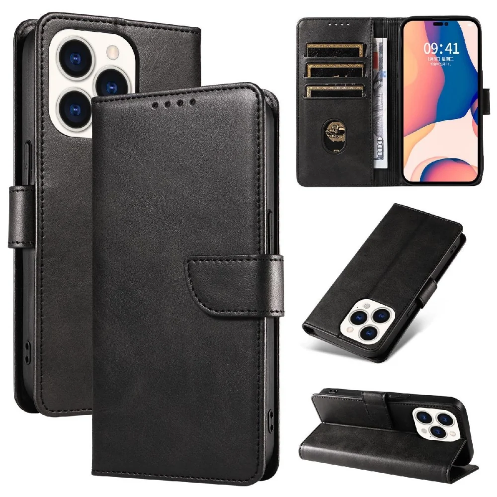 Leather Book Case for iPhone 16 Pro Max - blackeng