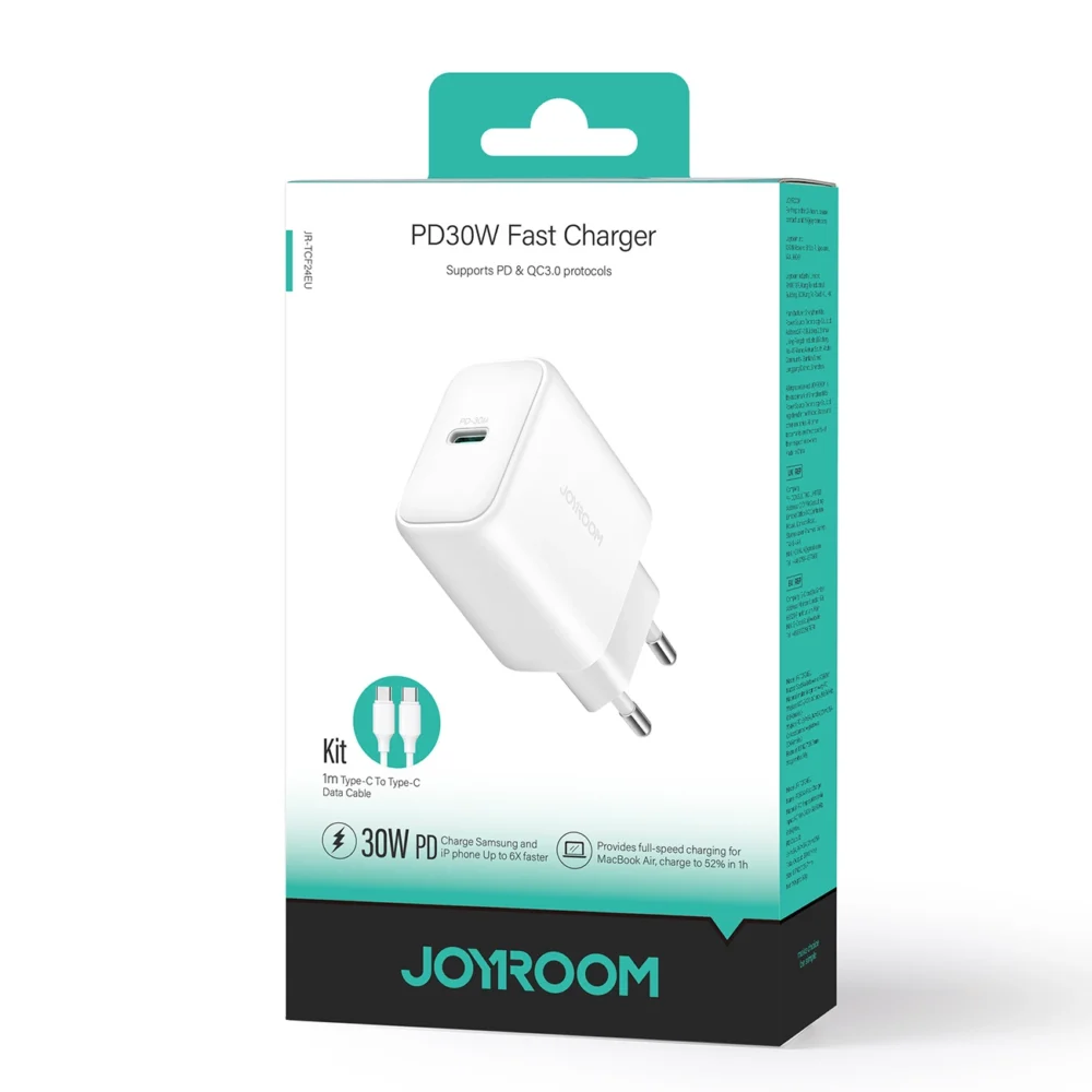 Joyroom JR-TCF24 USB-C PD 30W QC SFC network charger - white + 1m USB-C cableeng