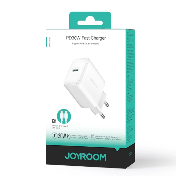 Joyroom JR-TCF24 USB-C PD 30W QC SFC network charger - white + 1m USB-C cableeng