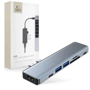 HUB Tech-Protect V5 7in1 2x USB-C - USB-A 3.0 / USB-A 2.0 / 2x USB-C / HDMI / micro SD / TF / SD card reader - grayeng