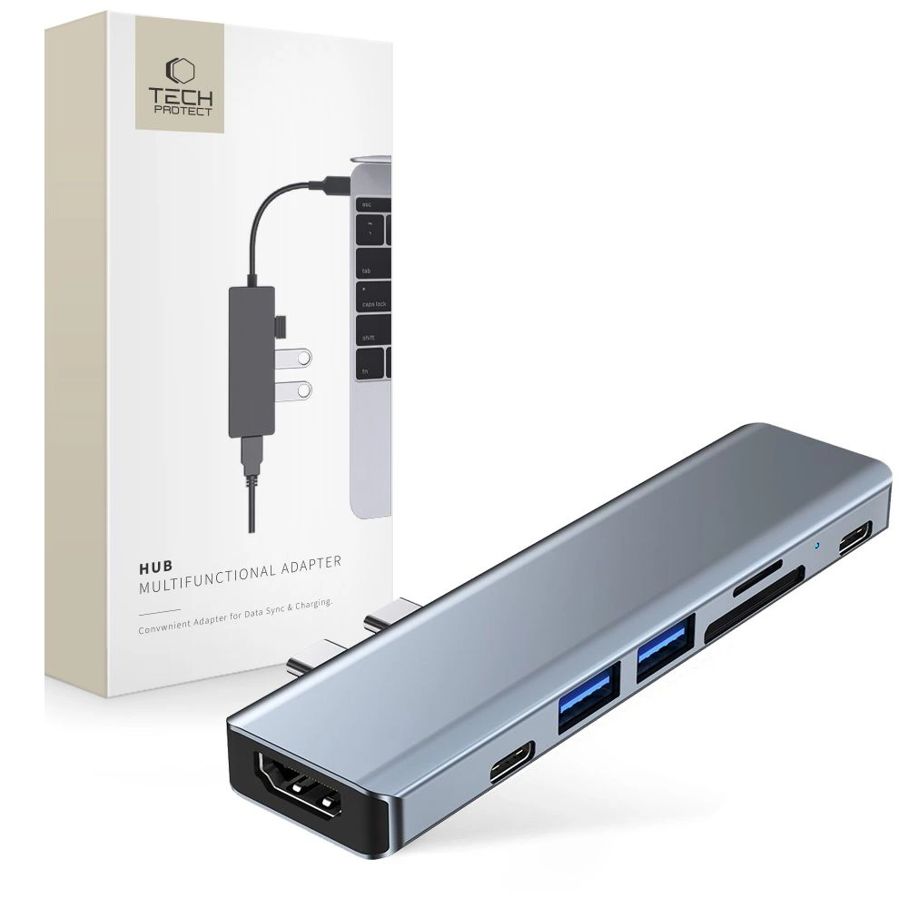 HUB Tech-Protect V5 7in1 2x USB-C - USB-A 3.0 / USB-A 2.0 / 2x USB-C / HDMI / micro SD / TF / SD card reader - grayeng