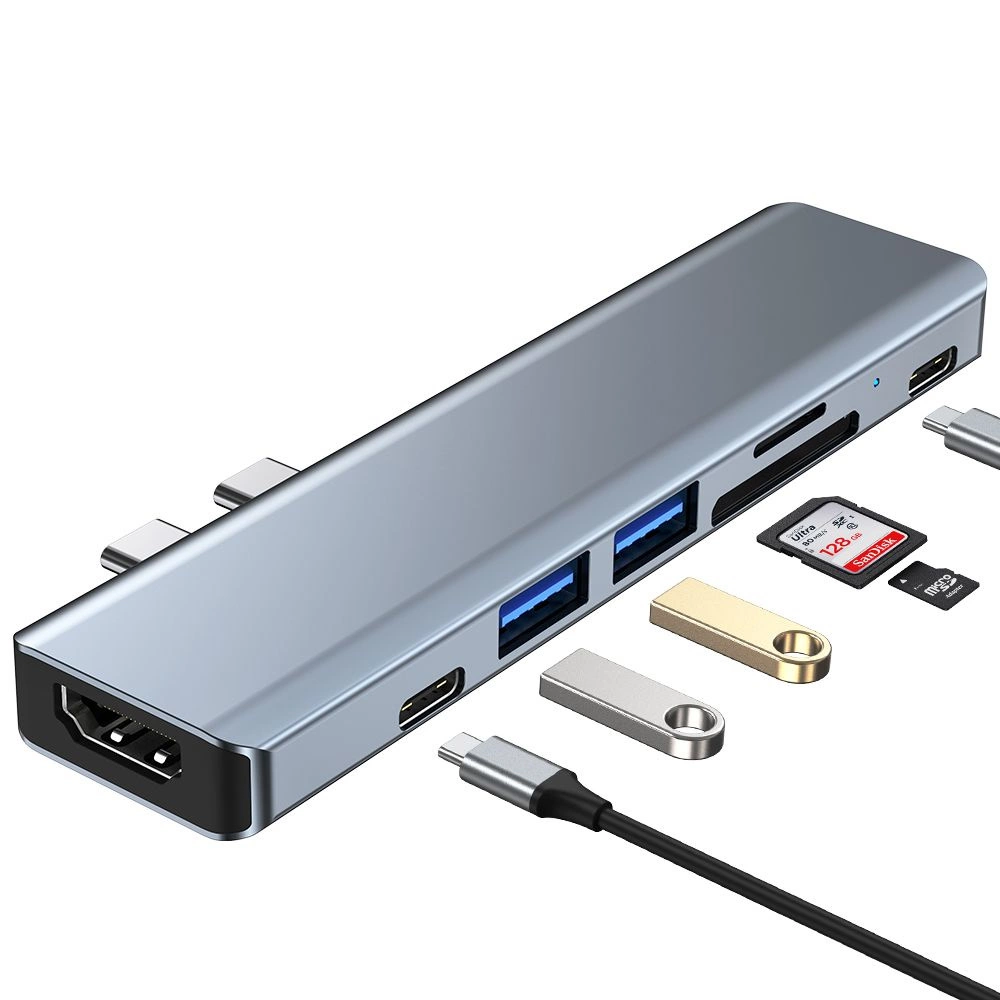 HUB Tech-Protect V5 7in1 2x USB-C - USB-A 3.0 / USB-A 2.0 / 2x USB-C / HDMI / micro SD / TF / SD card reader - grayeng