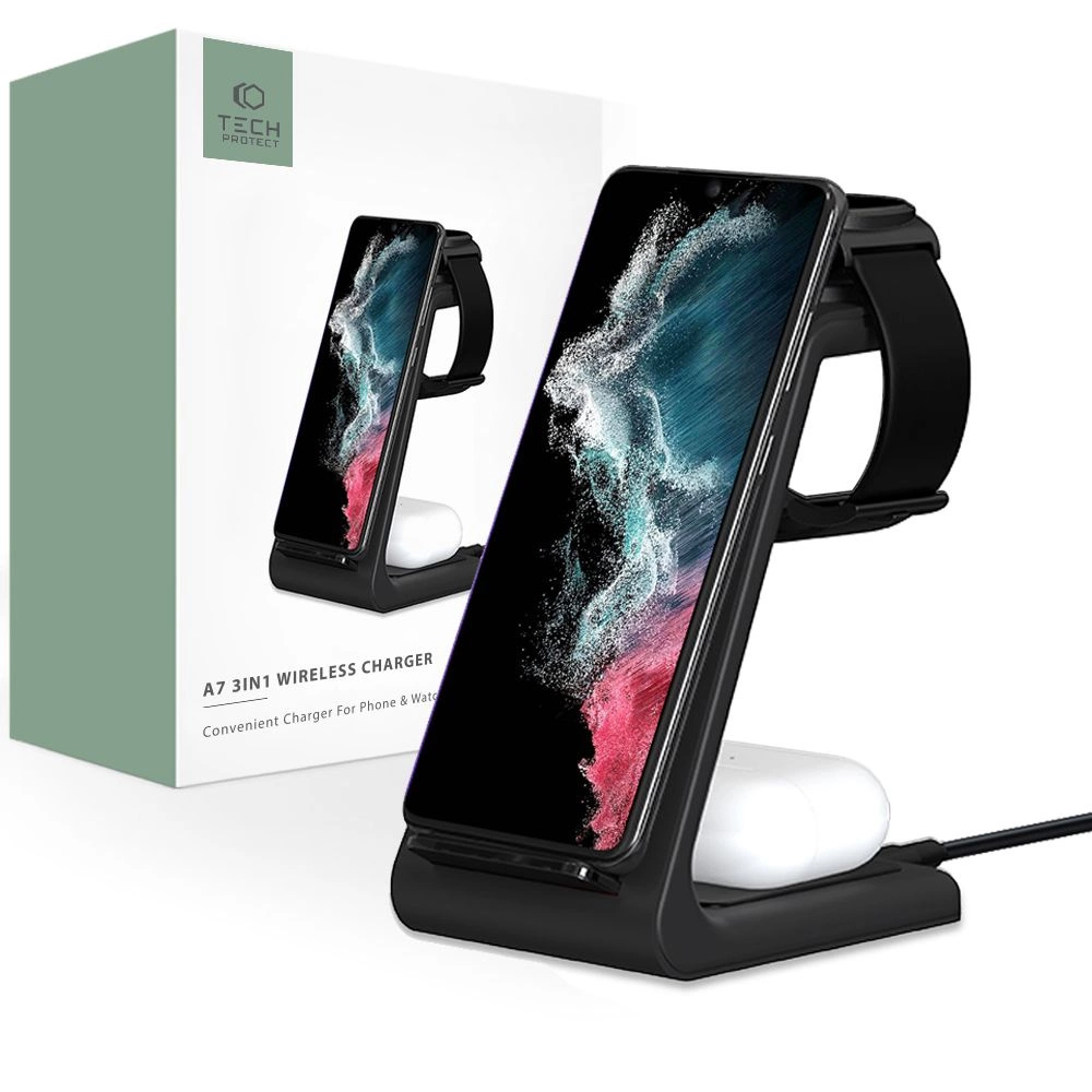Tech-Protect A7 10W inductive charger in the form of a 3-in-1 stand for smartphone / headphones / smartwatch - blackeng