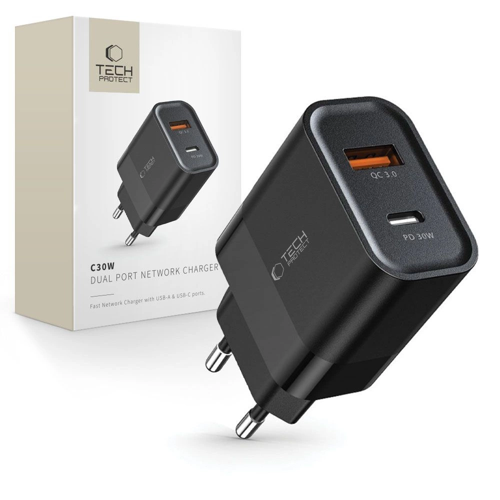 Tech-Protect C30W Charger USB-C PD 30W / USB-A QC 3.0 - Blackeng
