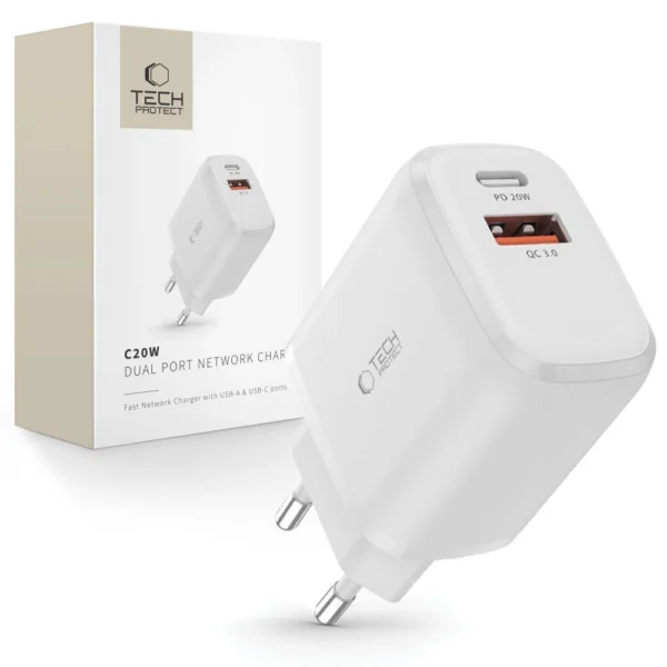 Tech-Protect C20W charger USB-C PD 20W / USB-A QC 3.0 - whiteeng