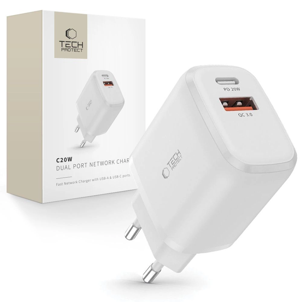 Tech-Protect C20W charger USB-C PD 20W / USB-A QC 3.0 - whiteeng