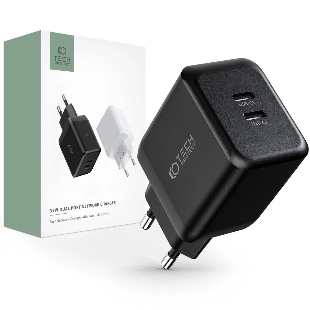 Tech-Protect C35W-2 charger, 2x USB-C PD 35W - blackeng