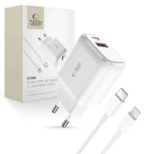 Tech-Protect C20W USB-C PD 20W / USB-A QC 3.0 Charger with USB-C / Lightning Cable - Whiteeng