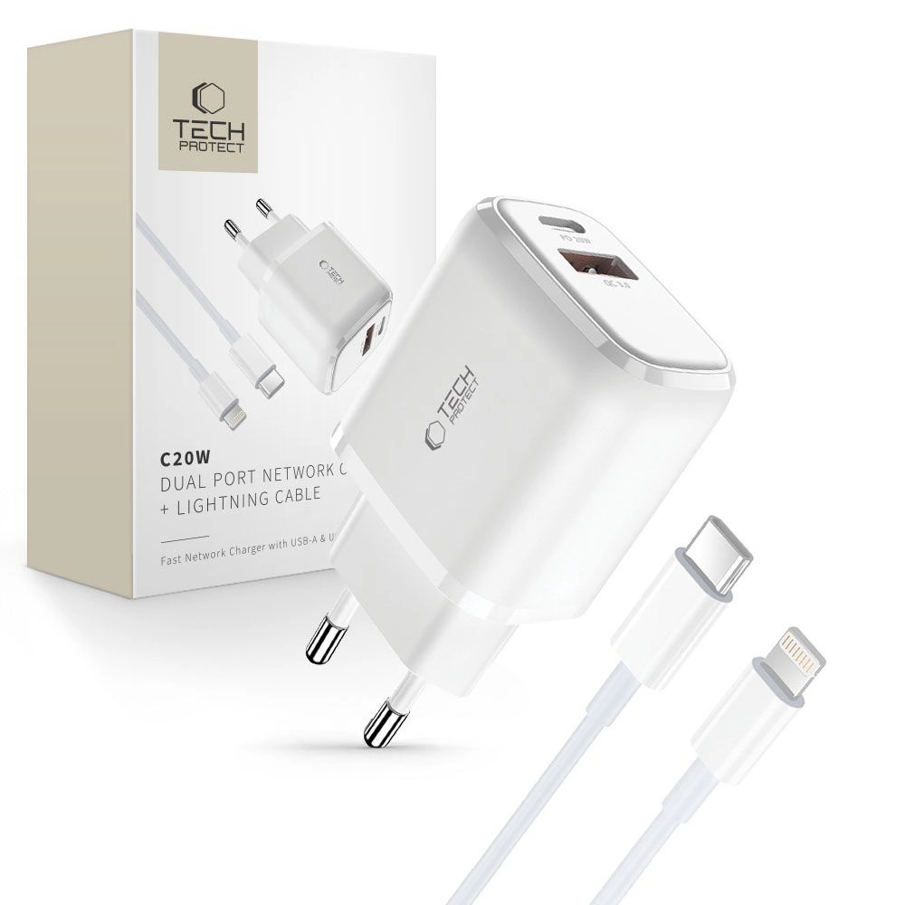 Tech-Protect C20W USB-C PD 20W / USB-A QC 3.0 Charger with USB-C / Lightning Cable - Whiteeng