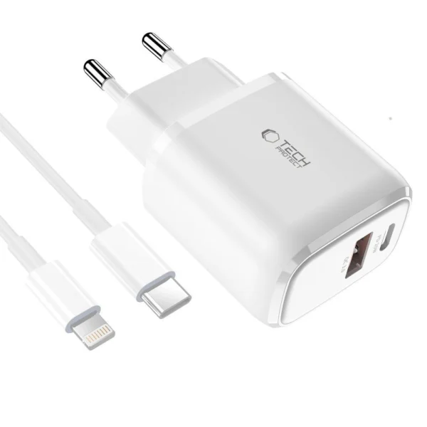 Tech-Protect C20W USB-C PD 20W / USB-A QC 3.0 Charger with USB-C / Lightning Cable - Whiteeng