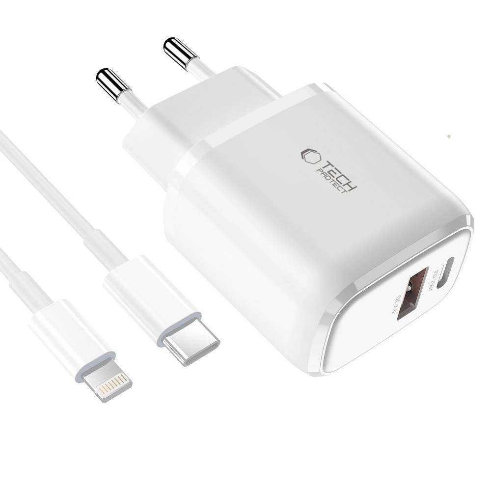 Tech-Protect C20W USB-C PD 20W / USB-A QC 3.0 Charger with USB-C / Lightning Cable - Whiteeng