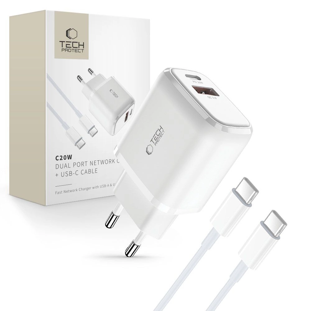 Tech-Protect C20W USB-C PD 20W / USB-A QC 3.0 charger with USB-C / USB-C cable - whiteeng