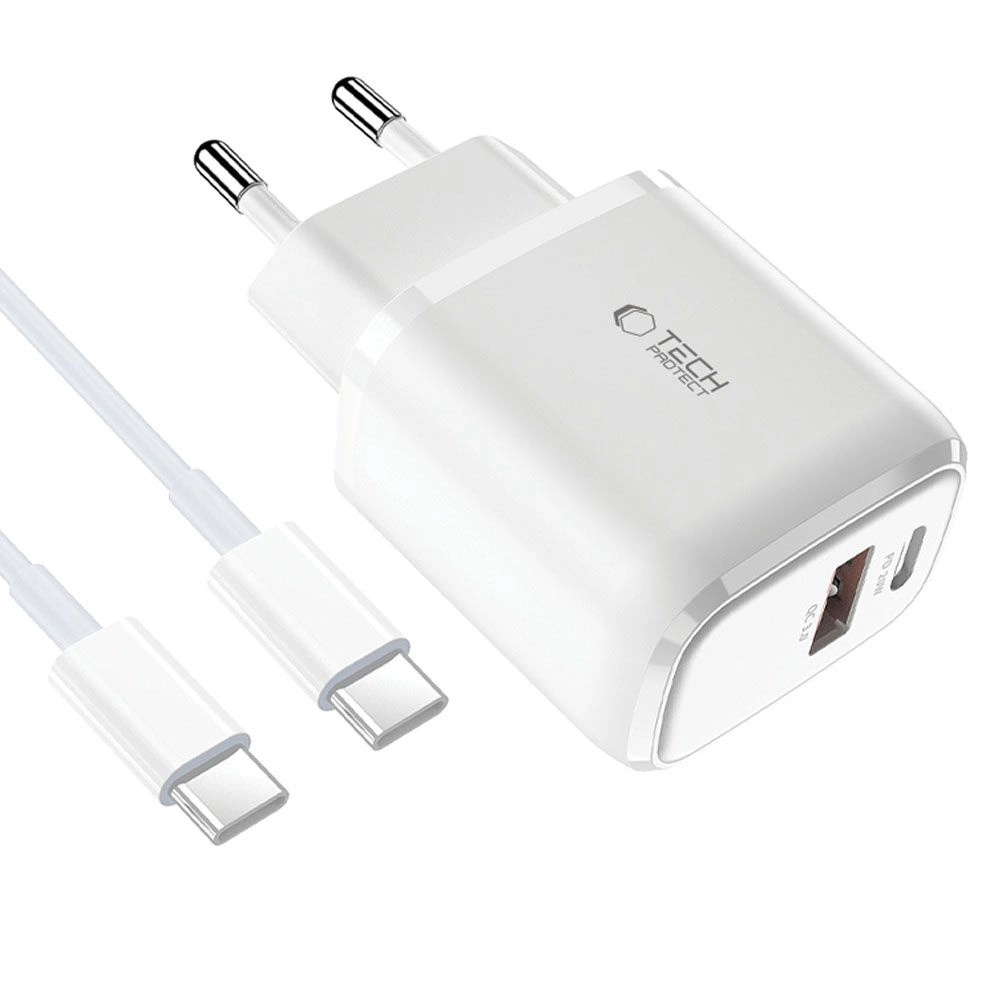 Tech-Protect C20W USB-C PD 20W / USB-A QC 3.0 charger with USB-C / USB-C cable - whiteeng