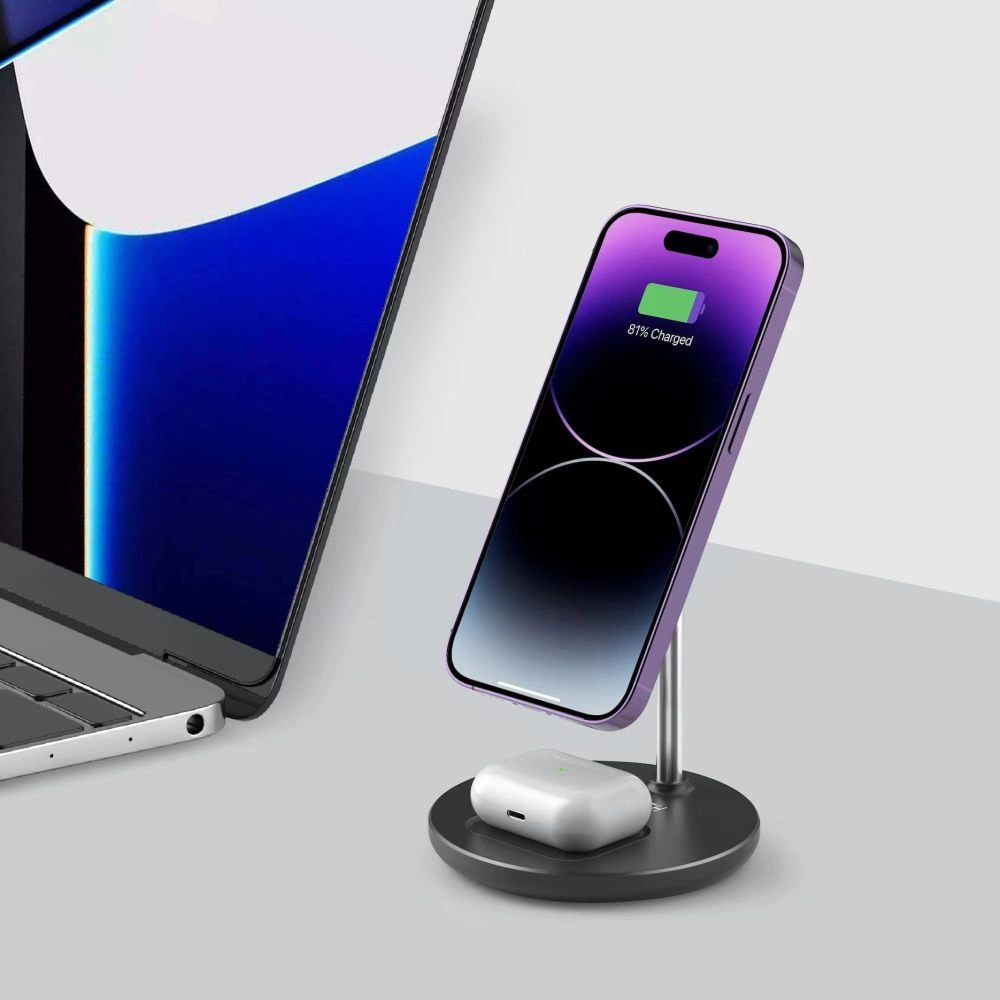 Tech-Protect QI15W-A21 MagSafe 15W inductive charger with 2in1 smartphone/headphone stand - blackeng