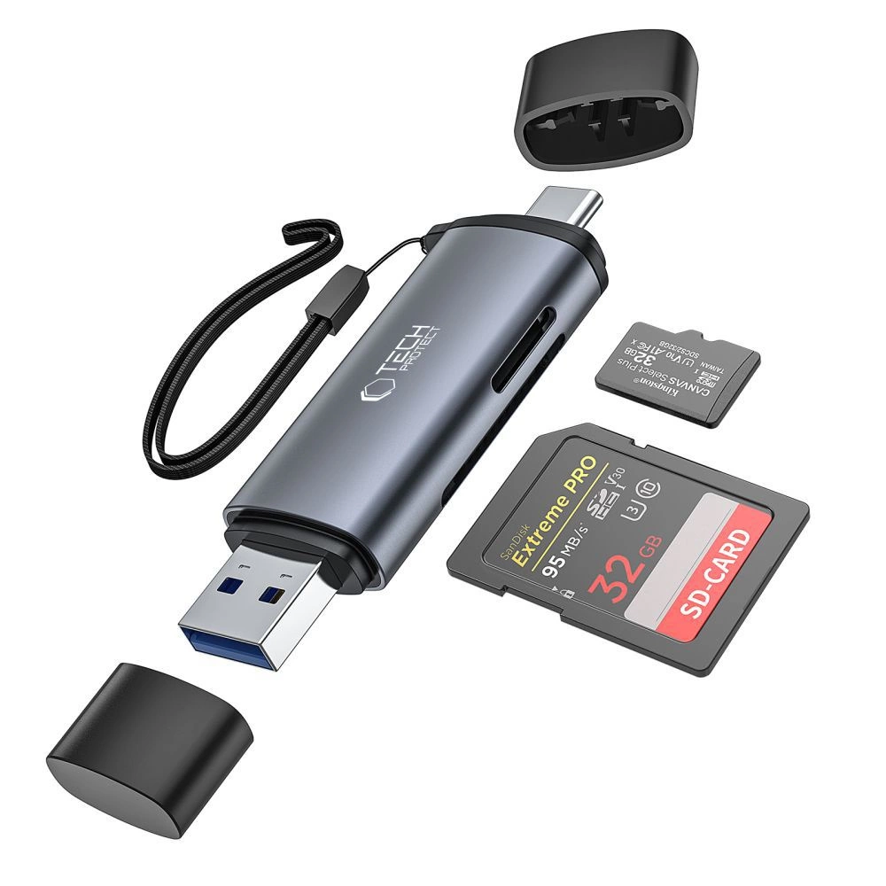Tech-Protect UltraBoost SD/micro SD card reader with USB-C/USB-A connectors - grayeng