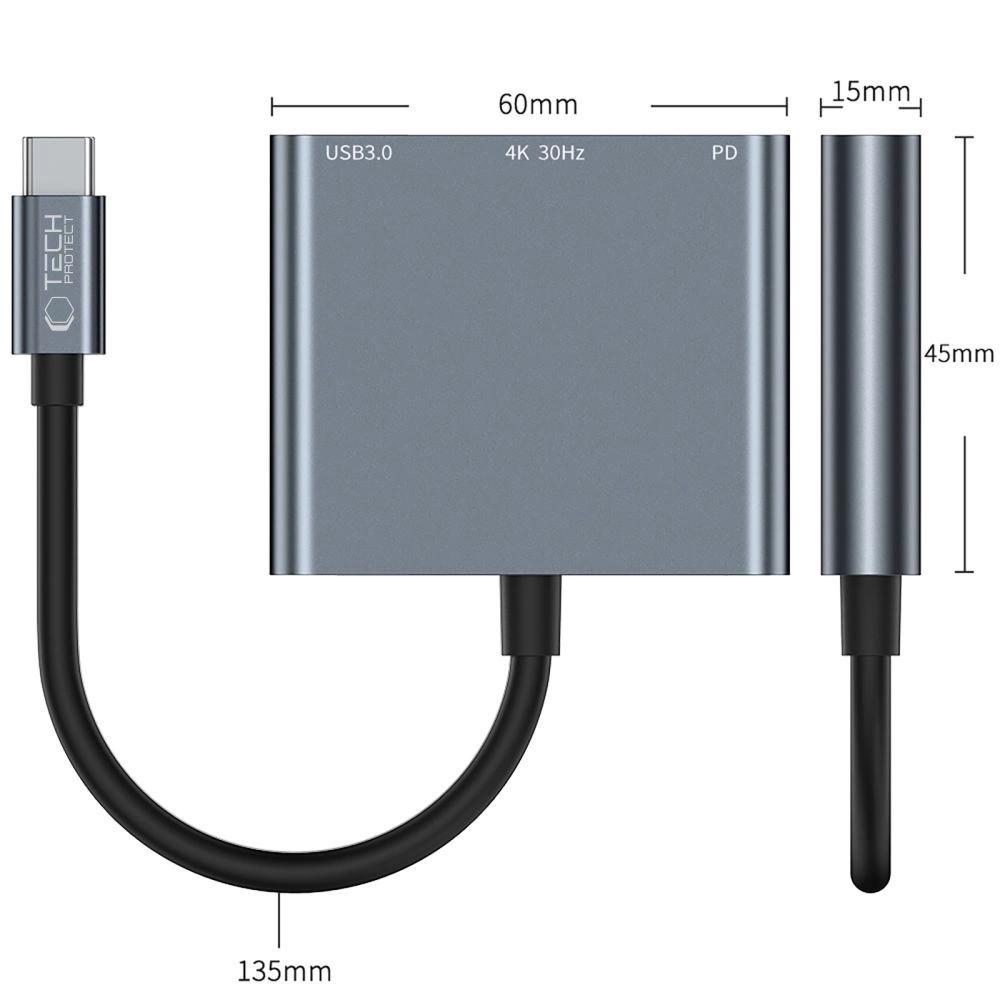 HUB Tech-Protect V1 3in1 USB-C - USB-A 3.0 / USB-C PD 100W / HDMI 4K 30Hz - grayeng