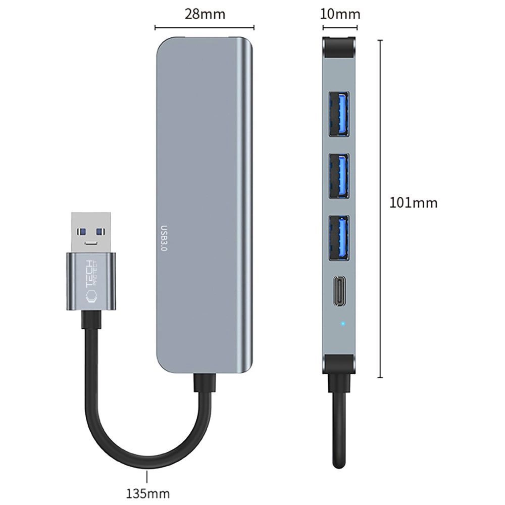 HUB Tech-Protect V0 5in1 USB-A - USB-A 3.0 / 3x USB-A 2.0 / USB-C - grayeng