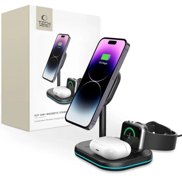 Tech-Protect QI15W-A27 3-in-1 Inductive Charger with MagSafe Stand for Smartphone / Apple Watch / AirPods - Blackeng