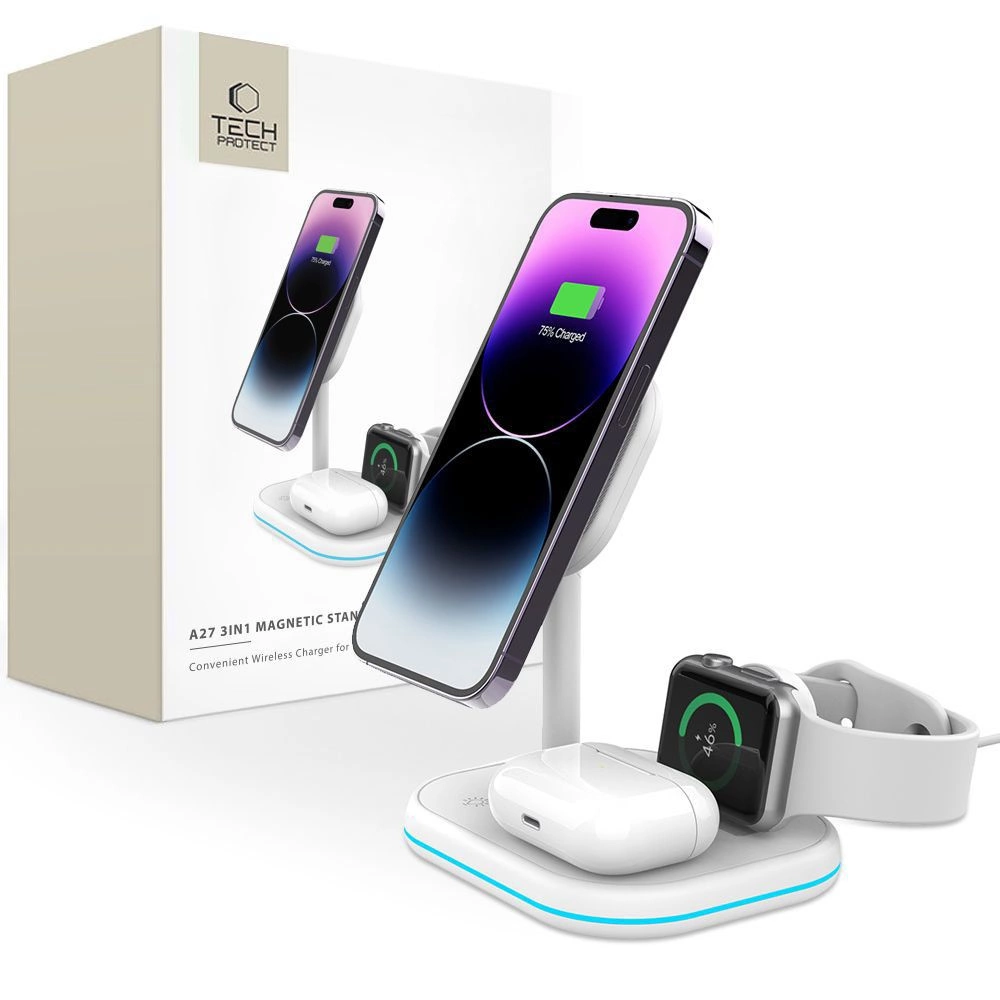 Tech-Protect QI15W-A27 3-in-1 inductive charger with MagSafe stand for smartphone / Apple Watch / AirPods - whiteeng